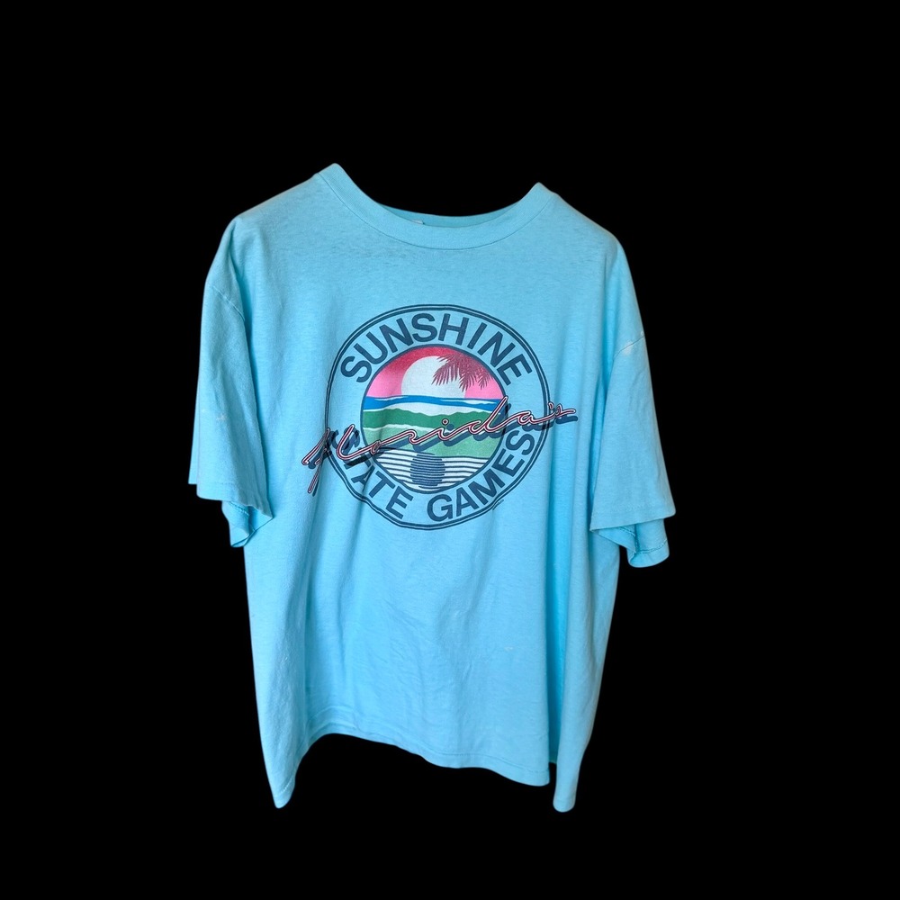 Vintage 80s Florida Sunshine State Games T-Shirt XL Super Cru Turquoise Blue